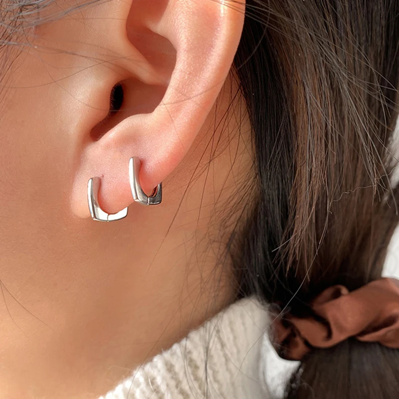 

ENSHIR S925 Stamp Silver Color Geometric Square Hoop Earrings For Women French Golden Jewelry Wholesale