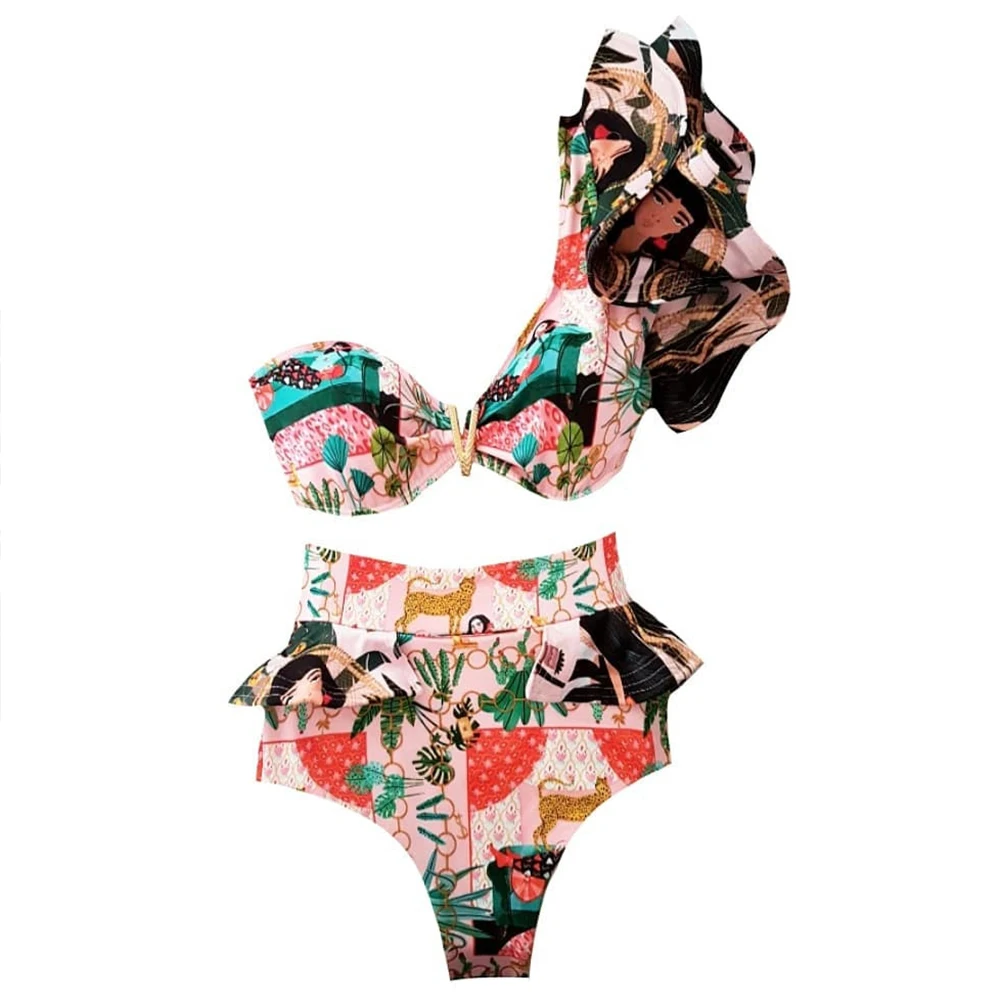 

One Shoulder Swimsuit Print Bikinis Brazilian Bikini Set High Waist Swimming Suits Bathing Suit Summer Beachwear