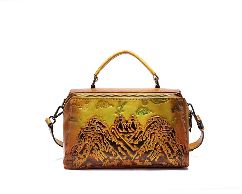 

2020 new style leather embossed hand painted landscape women's portable slant span bag