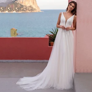 Elegant Wedding Dresses V Neck A-Line Sweep Train Sleeveless Backless Lace Appliques Tulle Bridal Gowns Vestido De Novia 2021