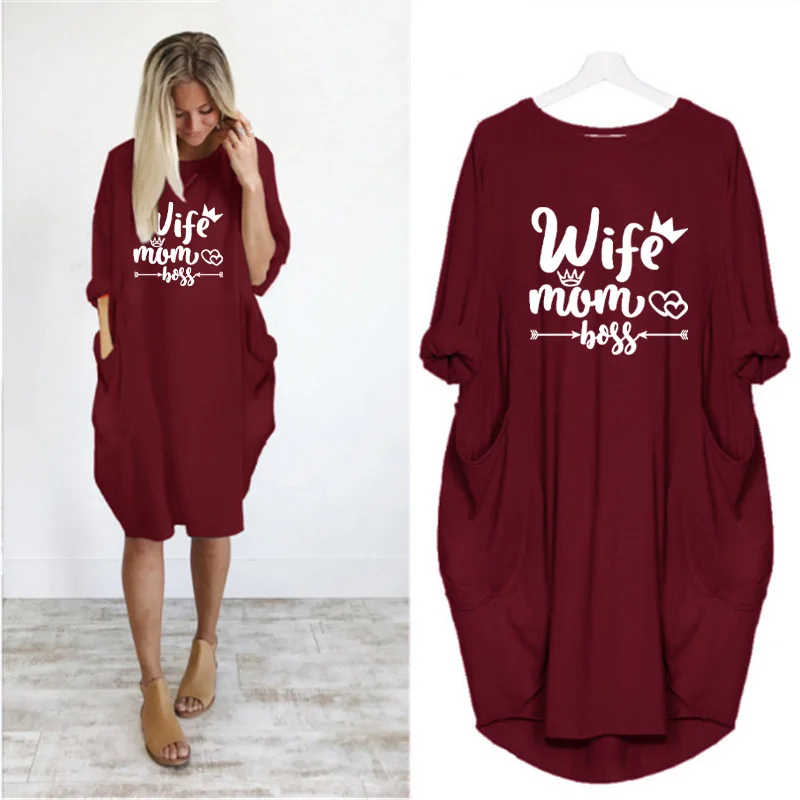 

Black Dresses Women Loose Vintage Letter Print Spring Long Sleeve o Neck Pockets Plus Size 5Xl Casual Party Femme Robe Vestidos