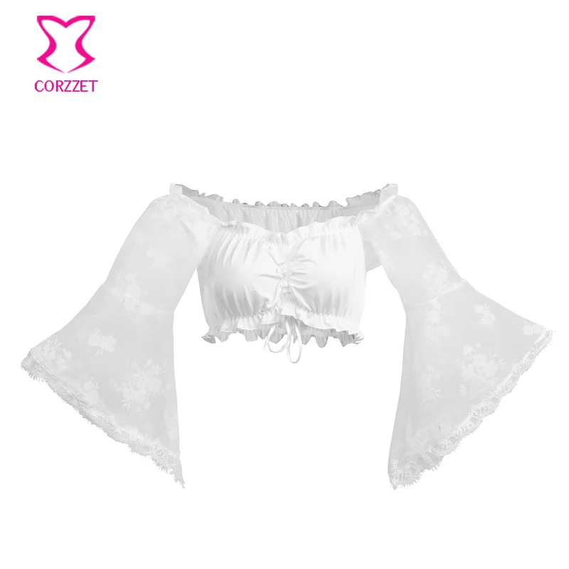 2020 Sexy Ladies Summer Lace Slim Crop Tops Flare Long Sleeve T-Shirt Casual Punk Organza Floral Wrapped Chest Short | Женская одежда