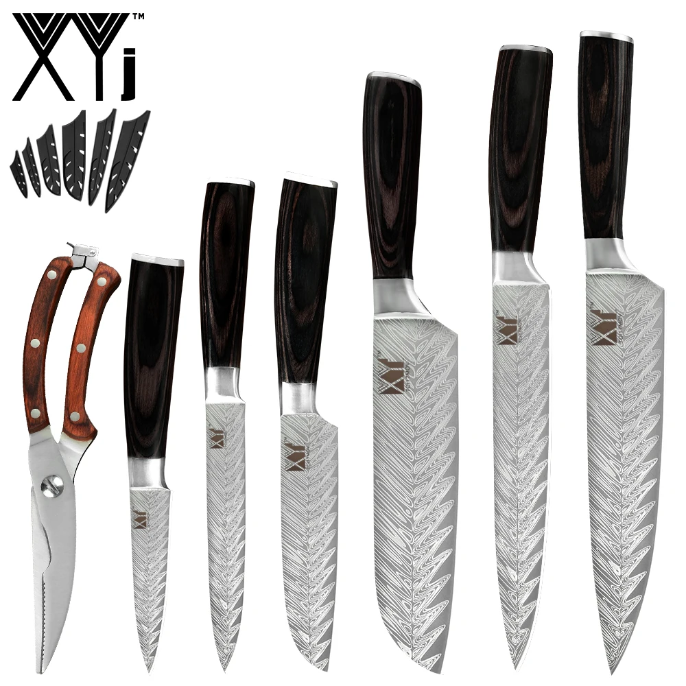 XYj Kitchen Stainless Steel Knives Set Chicken Bone Scissor Shear Damascus Veins Blade Wood Handle Knife Cooking kitchen | Дом и сад