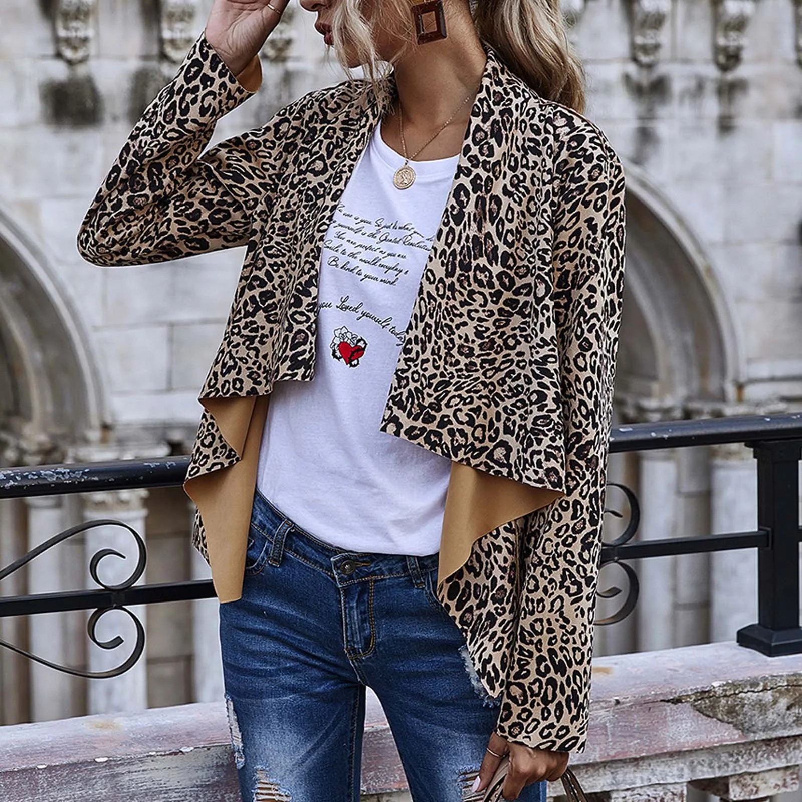 

Fashion Women's Ladies Long Sleeve Turndown Collar Open Front Coats Casual Leopard Printed Irregular Jacket Tops Outwear#g3
