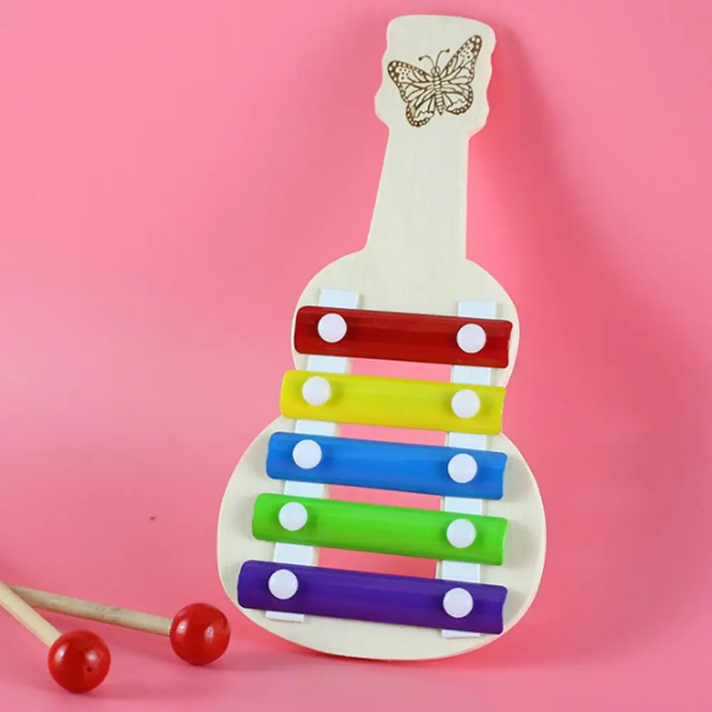 Wooden Guitar Shape 5-Note Xylophone Music Instrument Educational Baby Kids Toy