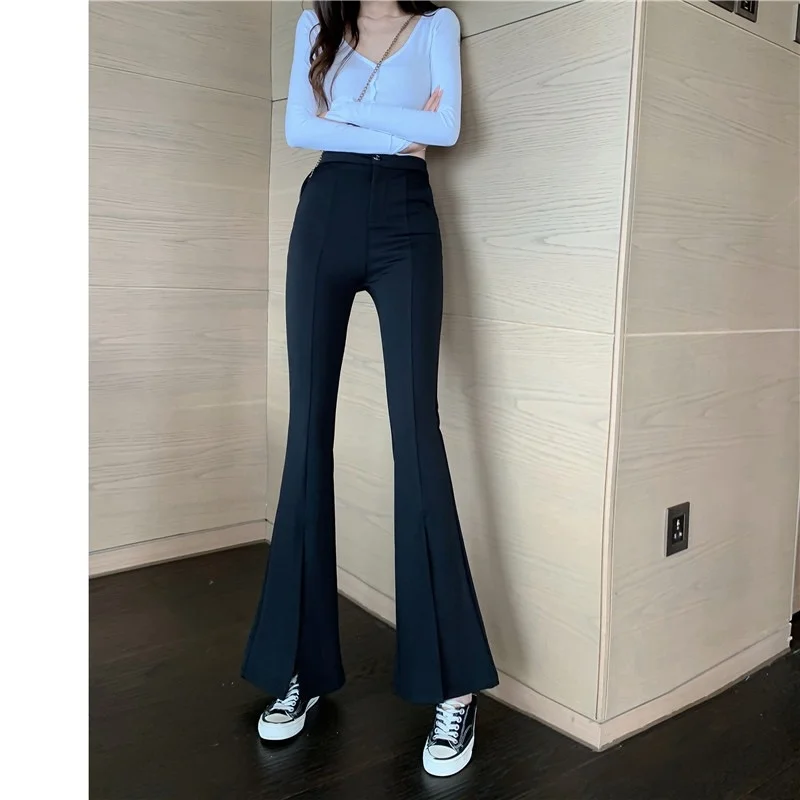 

2021 New Women's Elastic Waist Solid Flare Pants Stretchy Bell Bottom Black Split Suit Trousers Clothing