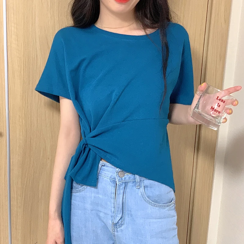 

Шикарные футболки с коротким рукавом, женские топы, свободная футболка с круглым вырезом, хлопковые асимметричные топы с соединением, женск...