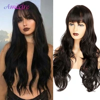long wavy wig with bangs synthetic body wave fiber wig natural curly heat resistant full machine made wig for black women