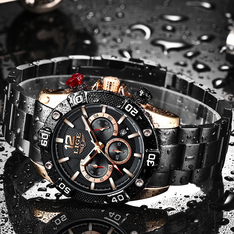 Часы наручные LIGE Мужские кварцевые со светящимися стрелками водонепроницаемые