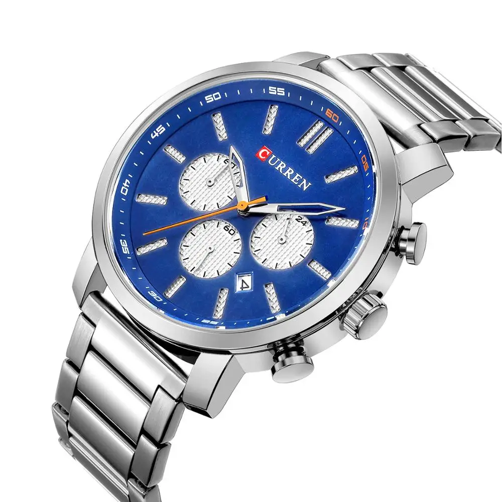 

CURREN Luxury Silver Stainless Steel Sport Watch Waterproof Quartz Chronograph Wrist Watch Blue Dial Hardlex Military Watch
