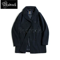 mid length double breasted navy woolen padded coat with green fruit collar and wool coat for men heavy thick jacket