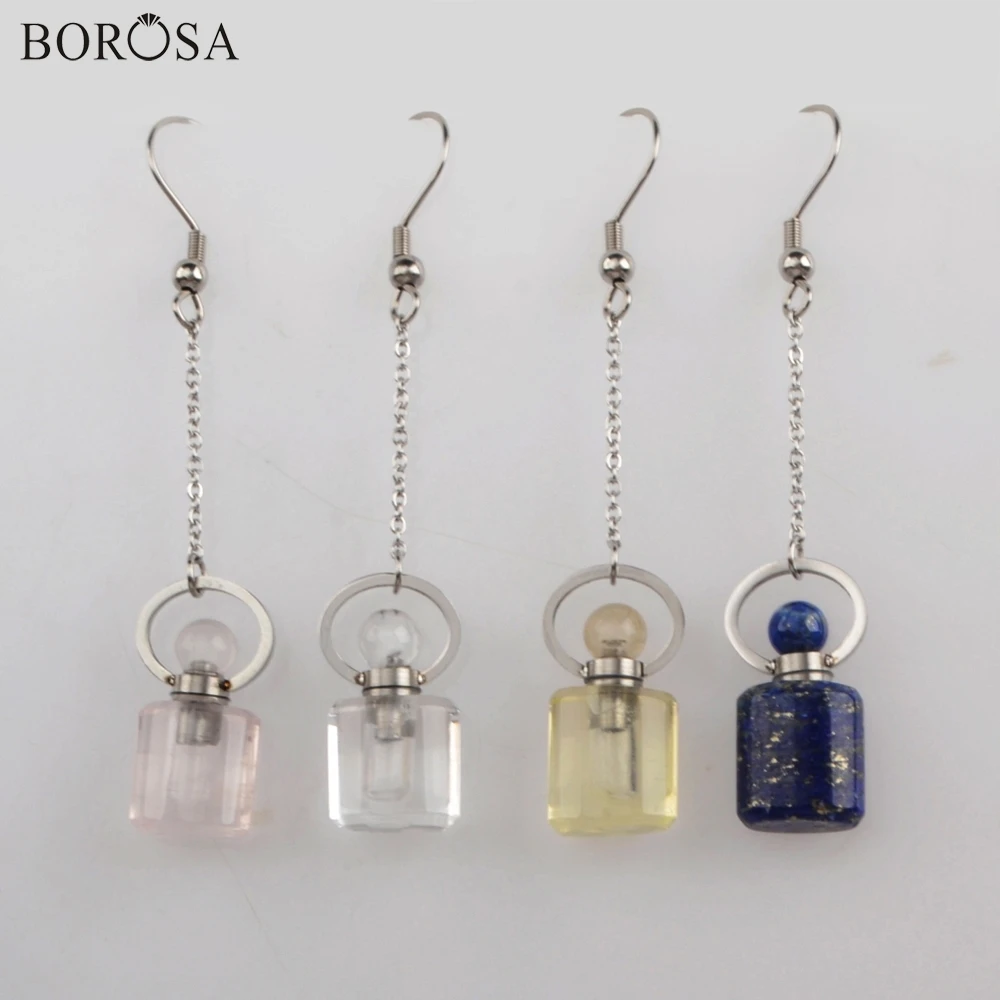 

BOROSA Silver Color Perfume Bottles Pendant Earrings Natural White Quartz Lapis Lazuli Essential Oil Bottole Earring WX1191