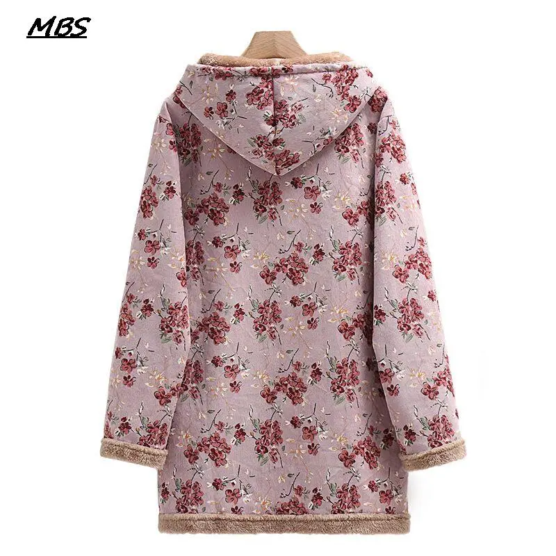 Trendy Winter Women Hoodie Coat Faux Fur Coat Vintage Flowers Print Pullover Button Hooded  Pockets Cotton Parka Oversize Jacket