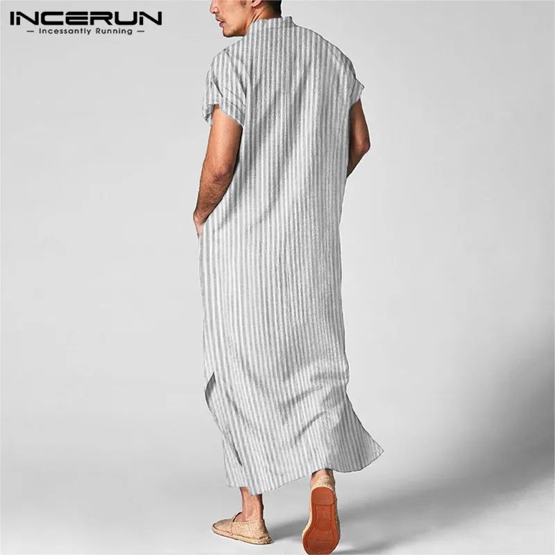 Men Islamic Arabic Kaftan Striped Short Sleeve Casual Pockets Muslim Robes Cotton Saudi Arabia Dubai Men Jubba Thobe INCERUN 5XL