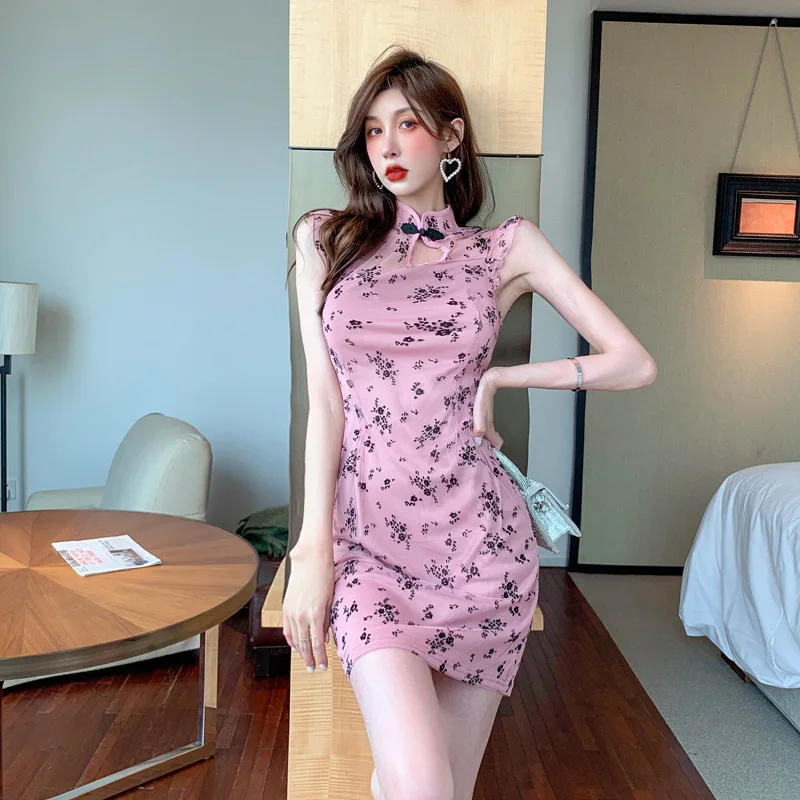 

Chinese Style Dress Floral Print Dress Net Yarn Sleeveless Cheongsam Dress Mini Skirt Chinese Sexy Dress Evening Dresses
