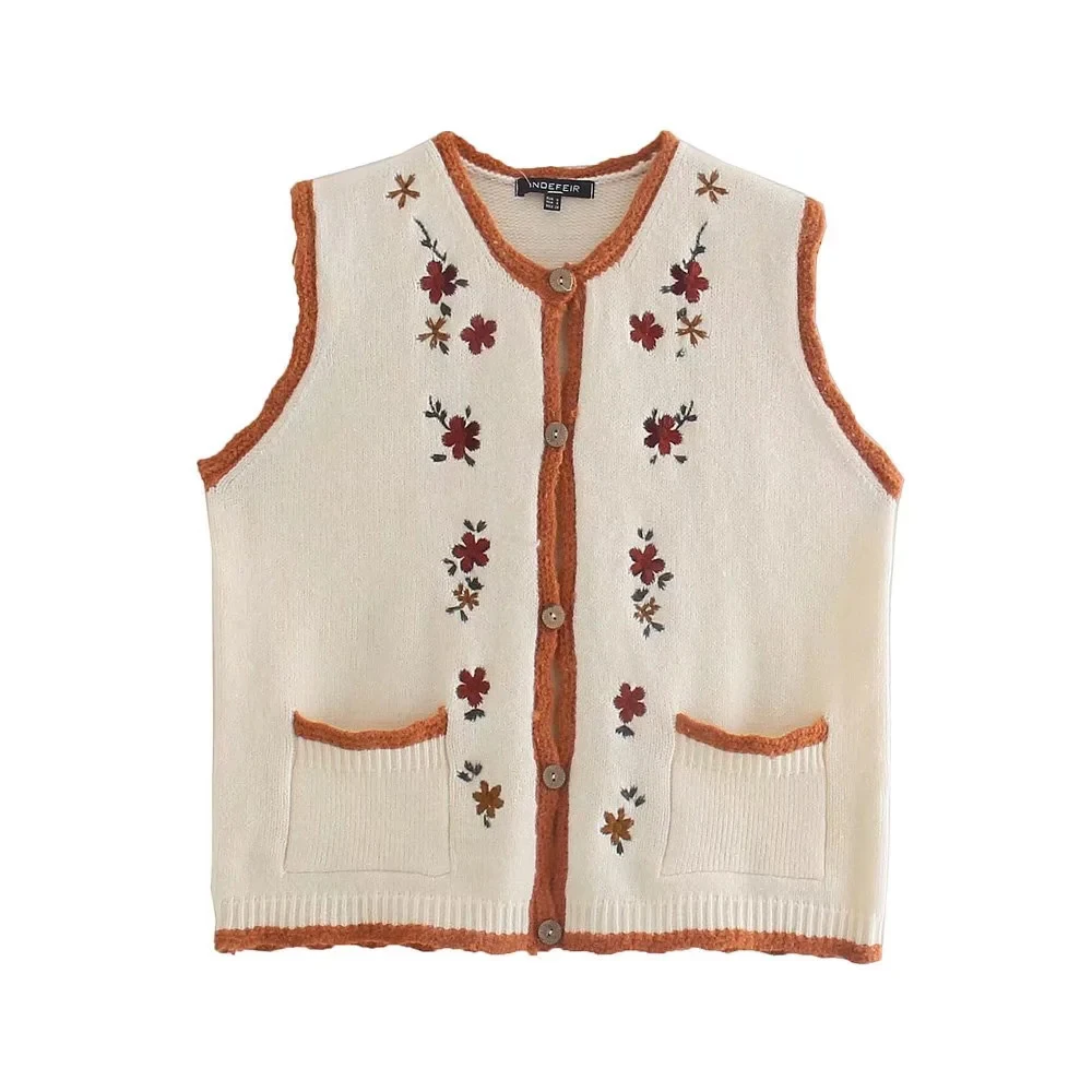 

xikom 2021 New Women Vintage V Neck Embroidery Matching Cute Sweater Vest Girl Sweet Casual Slim Chic Waistcoat Short Top