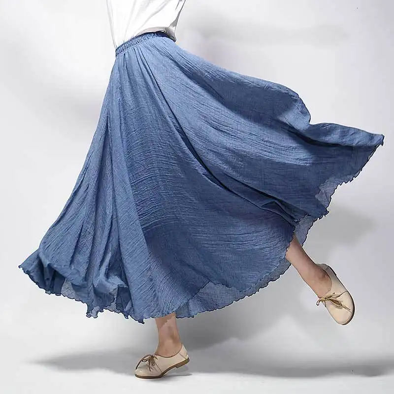 Boho Женская Макси юбка с высокой талией двухслойные хлопковые и льняные длинные юбки женская летняя юбка макси
