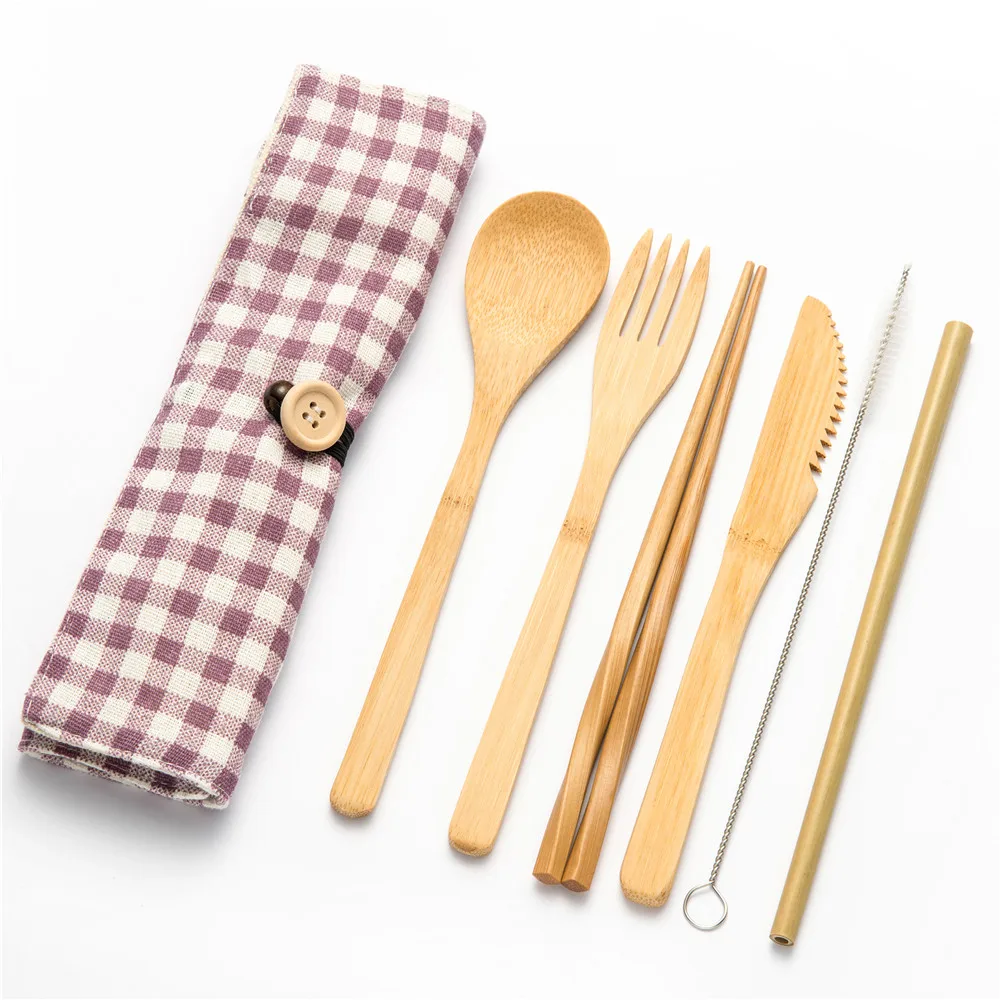 7pcs setA004 Портативные Роскошные столовые приборы для путешествий японский набор деревянных столовых приборов 8 шт бамбуковые столовые приборы соломенная тканевая сумка кухонная посуда столовая посуда - Цвет: 7pcs setA004