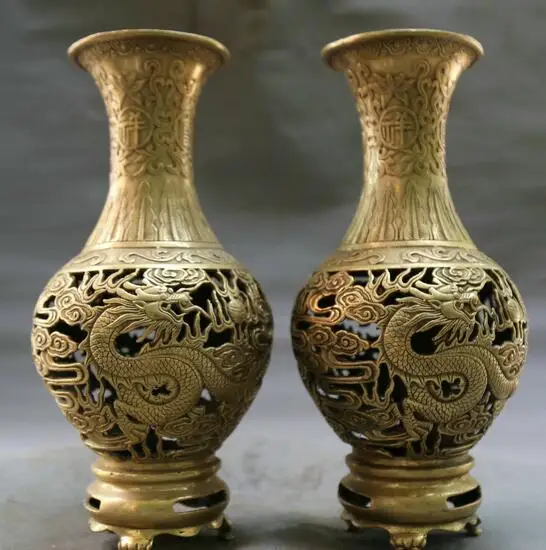 

9.8"Chinese Fengshui Bronze Auspicious Dragon Phoenix Bottle Vase Jar Flask Pair