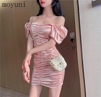 elegant korean fashion 2021 spring summer new smooth satin sexy off neck hip pleated short puff sleeve dress for women pink kpop