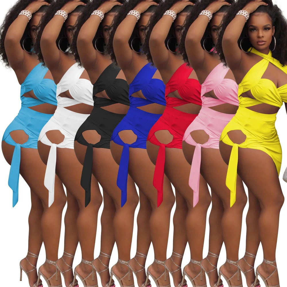 

2021 Women Outfits Streetwear Black Bandage 2 Two Piece Sets Mini Skirts Set Female Halter Hollow Out Crop Top Dress Sets