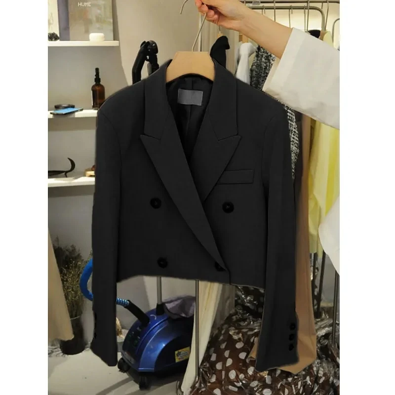 

2021 autumn new casual British wind small suit jacket women's double-breasted short suit top short blazer Button Polyester