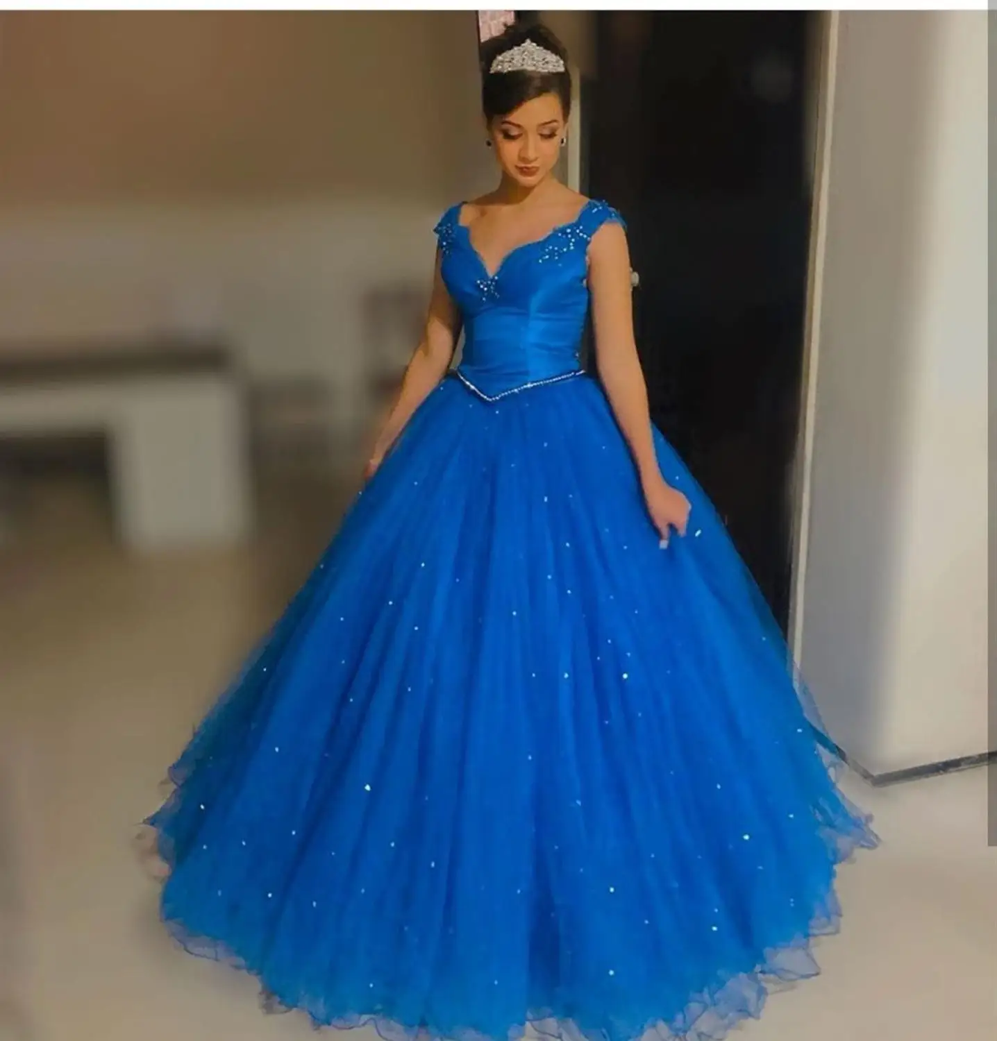 

2020 blue prom dress ball crystal beading cap sleeve women party dress robe de soiree dresses woman party night elegant sale