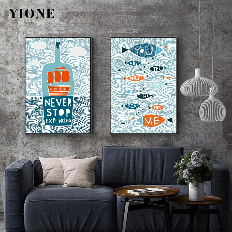 

Never Stop Exploring Drifting Bottle Fish Posters Wave Blue Lines Sea Adventure Wall Canvas Prints Picture Decoration Painting
