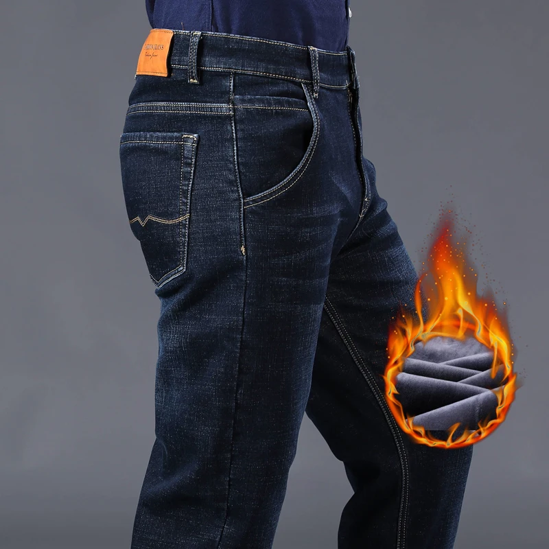 

Мужские теплые джинсы Новинка Зима 2021 мужские флисовые синие и черные облегающие джинсы классические Стрейчевые брюки мужской бренд