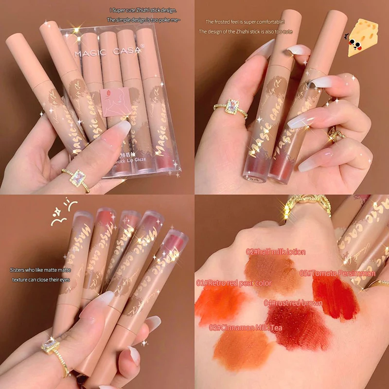 

5 Colors/set Mirror Lip Glaze Matte Fashion Natural Long Lasting Waterproof Non-stick Cup Liquid Lipstick Set Cosmetic TSLM1