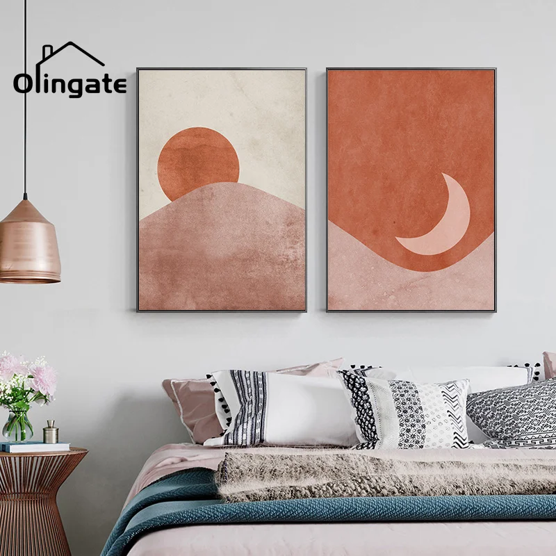 

Sun and Moon Scene Boho Canvas Prints Painting Pictures Abstract Minimalist Line Wall Art One Piece for Living Room Wall Decor