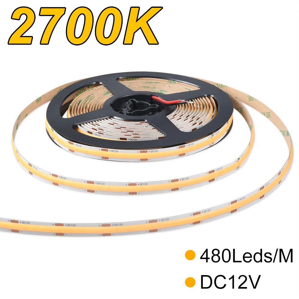 

480leds/m DC12V 2700K IP20 9W/M COB LED Strip 8mm PCB width