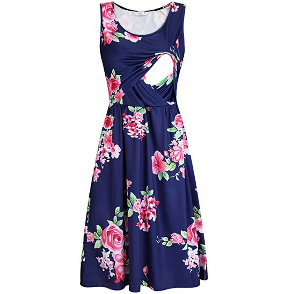 

2021 New Summer Maternity Dress Women Pregnant Nursing Sleeveless Floral Printed Breastfeeding Dresses Female Nursing Dress D30