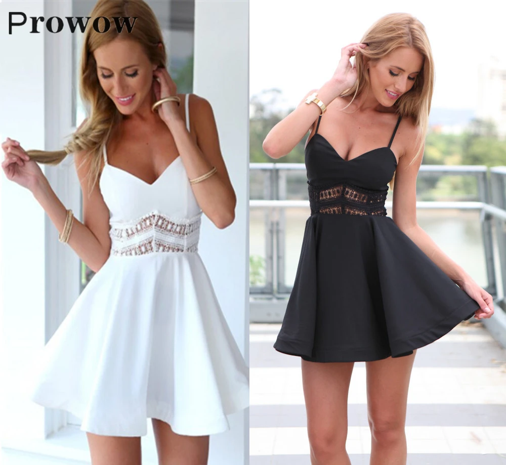 

Prowow Solid Sling Dress Women Summer Sexy Waist Lace Sleeveless Halter Dress Fashion Casual Off Shoulder Pullover Mini Dresses