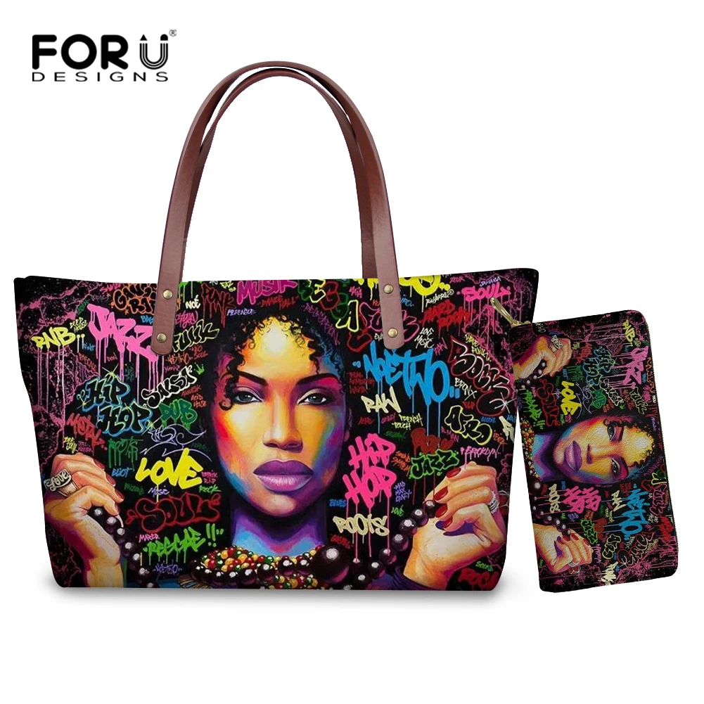 

FORUDESIGNS 2pcs Handbags Set for Women Black Art African American Girls Printing Beach Bags Ladies Hand Bag&Purse Females Tote