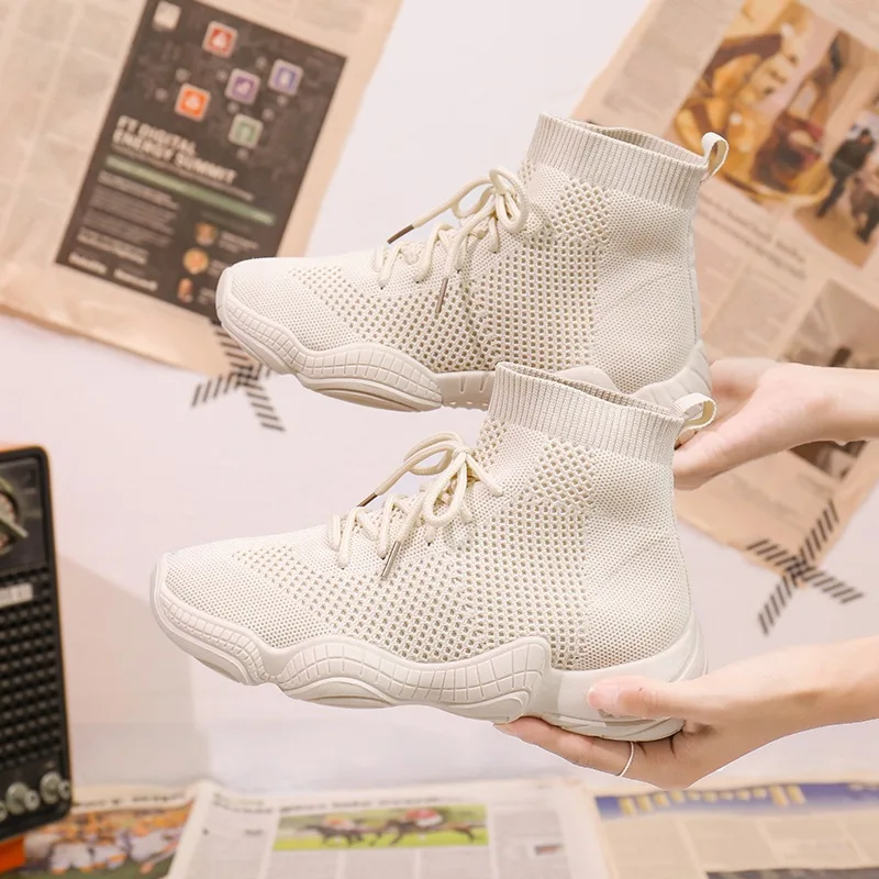 Beige high-top Женские кроссовки из сетчатого материала на шнуровке; однотонная обувь на плоской платформе с закрытым носком; тканевая трикотажная женская обувь на танкетке; сезон весна-осень; 812W - Цвет: Beige high-top