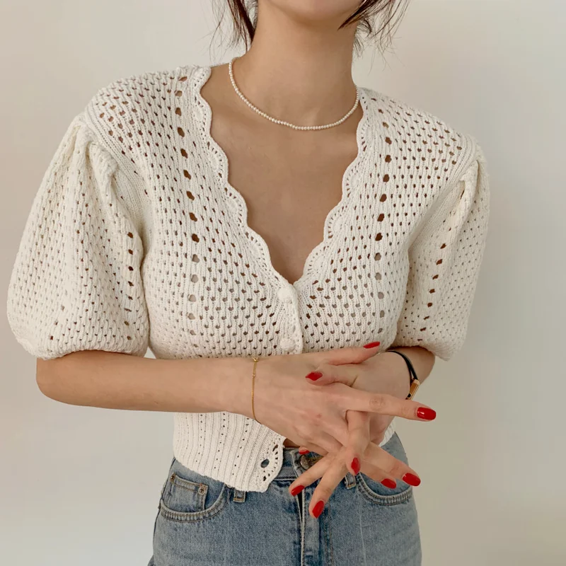 

Fimihawa Hollow Out Esign Ladies Knitted Tops Korean Hot Trendy Summer Sexy V Neck Short Puff Sleeve Slim Waist Cardigan Elegant