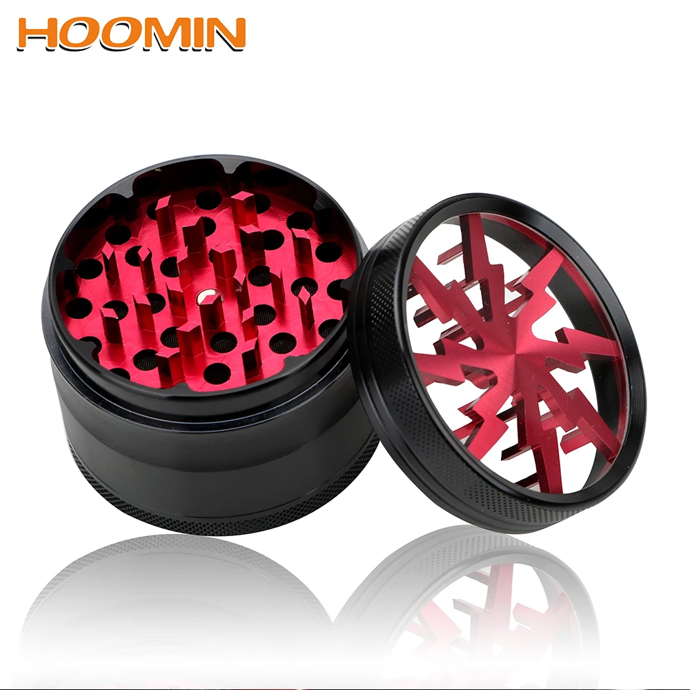 

HOOMIN Aluminum Alloy 63MM 4-layer Tobacco Grinder Smoking Herb Cutter Transparent Lightning-Shaped Spice Weed Cutter Latest