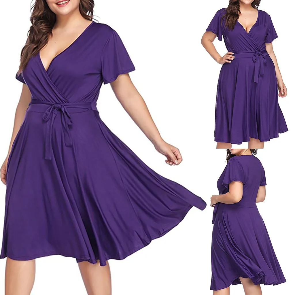 

High Waist Elegant Summer Dress Lady Plus Size V-neck Dress Streetwear Casual Bohemian Short Sleeve Belt Dress Vestido