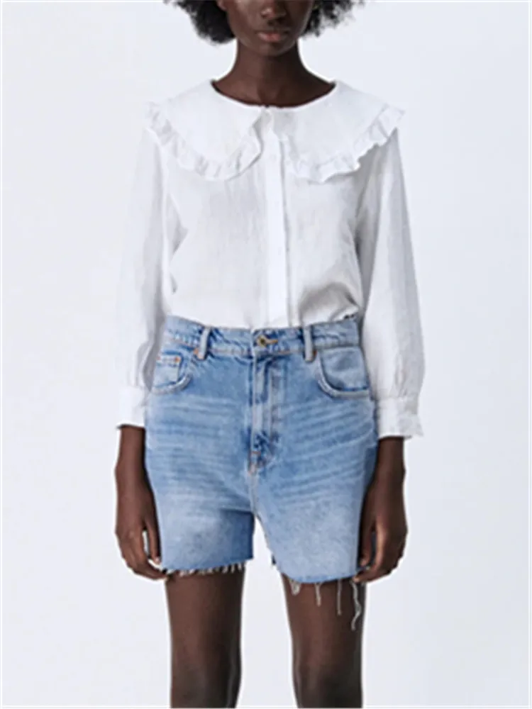 

ZA European and American style 2021 summer New Age-reducing solid color retro all-match small round collar top women's clothing