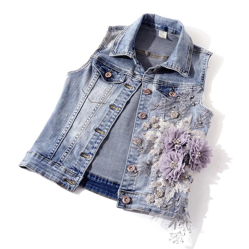 Летний новый модный короткий джинсовый жилет с аппликацией бриллиантов женский
