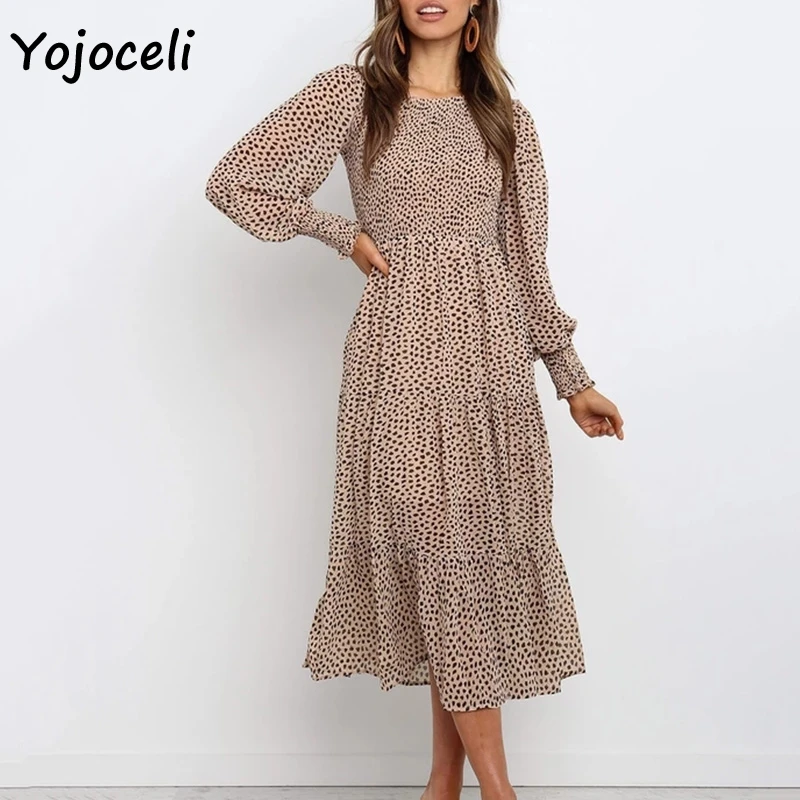 Yojoceli каменное Платье с принтом гофрированное женское длинным рукавом 2019