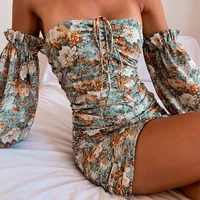 summer 2021 womens sexy breast sleeve print bottom covering hips cotton dress long sleeve slim fit mini dress