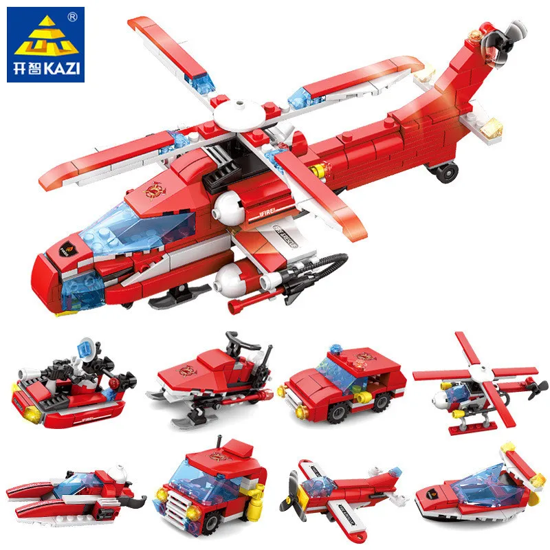 

8Pcs/lot City Fire Building Blocks Sets Firefighter Helicopter Urban Fire Fighting Creator Bricks Educational Toys for Children
