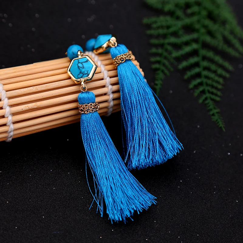 Геометрическое с синтетическим камнем синие серьги кисточками Длинные