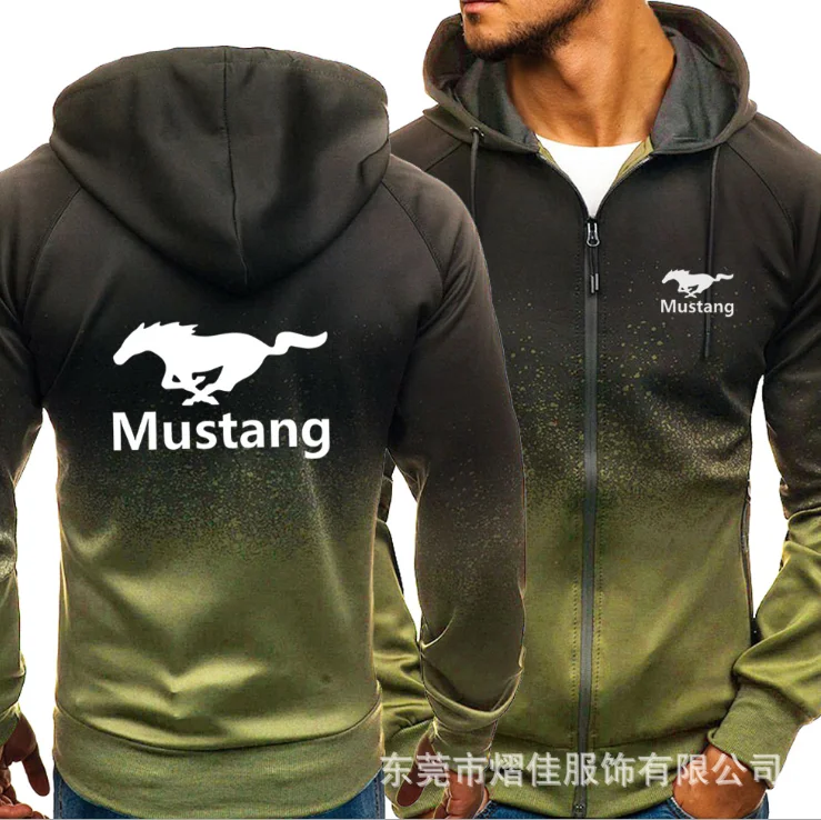 

NEW Spring Autumn MUSTANG Print Sweatshirt Gradient Hoodies Fleece Zipper Jacket Mens Hoodie Harajuku Male Clothing