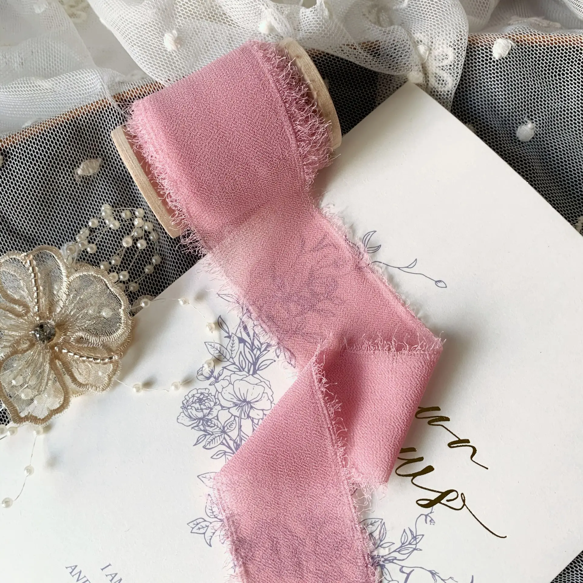 3.5cmx5метров изношенный шифон лента шелковая для свадебных букетов фон