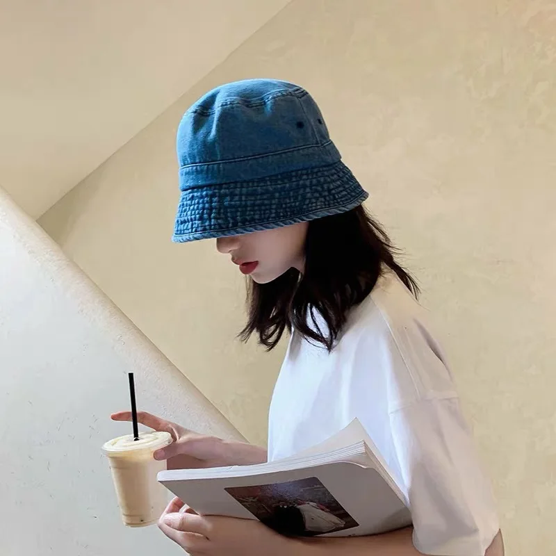 

Japanese Denim Solid Color Fisherman Hat Female Korean Version Ins Fashion Simple Sunscreen Basin Hat Blue Beggar Bucket Hat