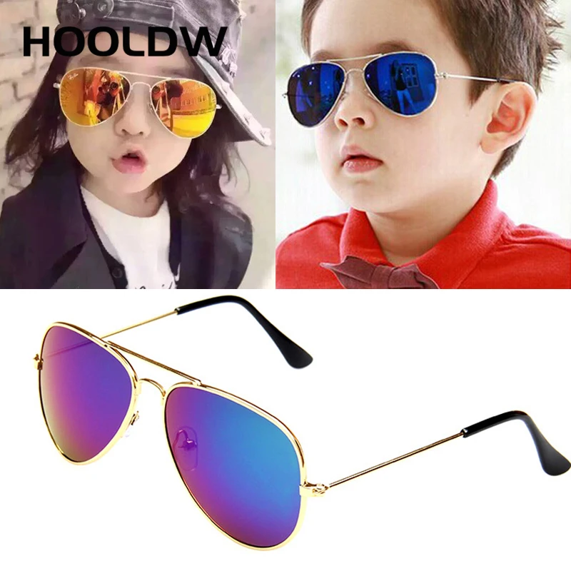 

HOOLDW Fashion Kids Sunglasses Classic Piolt Style Children Sun Glasses Girls Boys Metal Frame Colorful Mirror Goggle Glasses