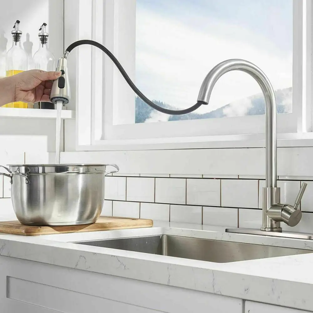

Commercial Pull Out Sprayer Kitchen Faucet Single Handle Stainless Steel Deck mounted